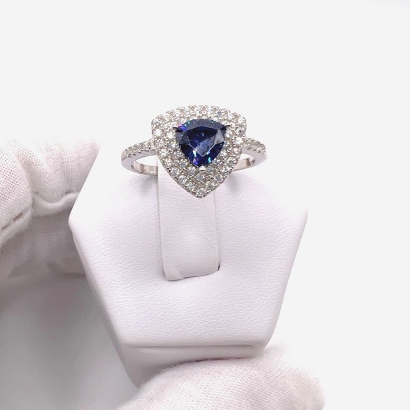 Jewelry - Sale $20 Firm! Sterling Silver Trillion Shape Tanzanite Cz and Clear Cz Ring